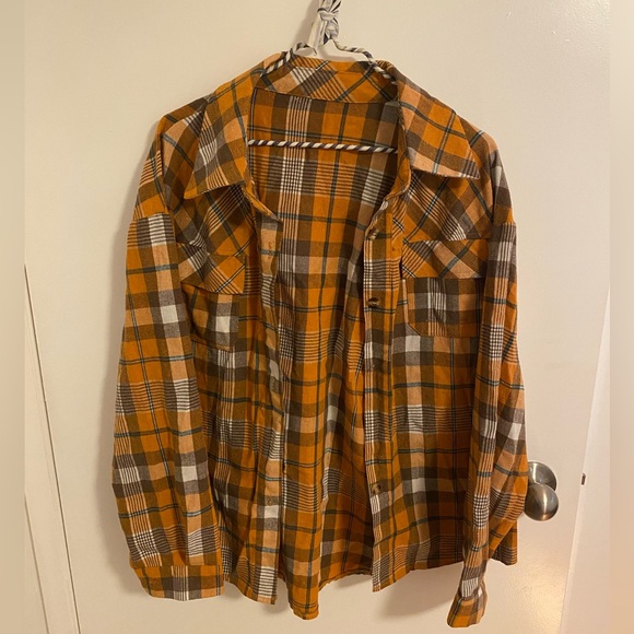 Orange and Brown Plaid Flannel Button-up Shirt - Picture 2 of 5